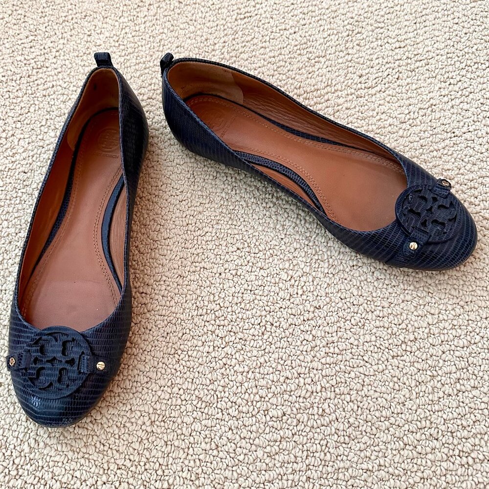 Tory Burch Logo Flat - Navy - Textured - Size 10